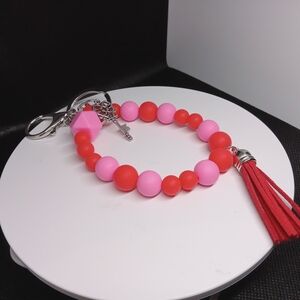 Stylish Pink and Red Beaded Keychain Bracelet